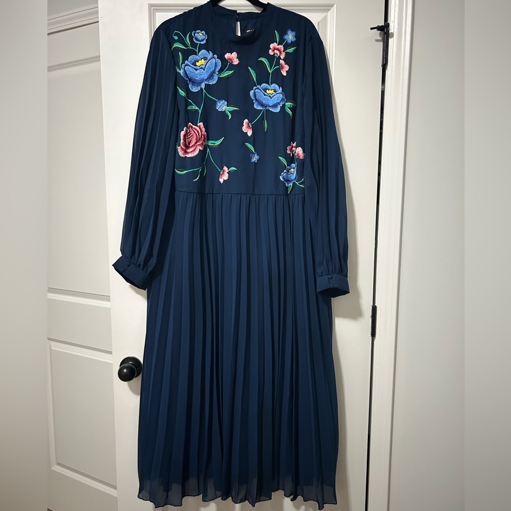 ASOS Curve Embroidered Navy Pleated Dress